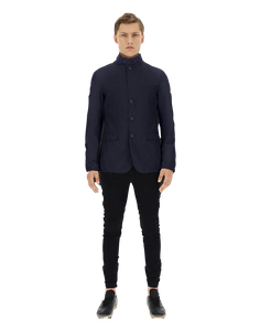 Model wearing Herno Men's Laminer Blazer in Blue.