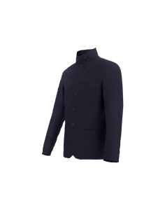 Model wearing Herno Men's Laminer Blazer in Blue.