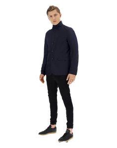 Model wearing Herno Men's Laminer Blazer in Blue.
