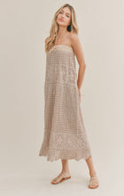 Load image into Gallery viewer, Model wearing Sadie &amp; Sage - Got Me Hooked Hand Crochet Midi Dress in Taupe.

