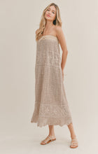 Load image into Gallery viewer, Model wearing Sadie &amp; Sage - Got Me Hooked Hand Crochet Midi Dress in Taupe.
