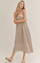 Load image into Gallery viewer, Model wearing Sadie &amp; Sage - Got Me Hooked Hand Crochet Midi Dress in Taupe.
