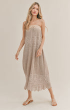 Load image into Gallery viewer, Model wearing Sadie &amp; Sage - Got Me Hooked Hand Crochet Midi Dress in Taupe.

