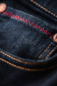 &Sons Trading Co Brandon indigo jeans red stitching.
