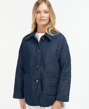 Load image into Gallery viewer, Model wearing Barbour Denim Barrhead Quilt in Dark Was/Dress Indigo.
