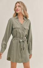 Load image into Gallery viewer, Model wearing Sadie &amp; Sage - Lighthouse Buttondown Dress in Olive.
