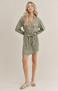 Model wearing Sadie & Sage - Lighthouse Buttondown Dress in Olive.