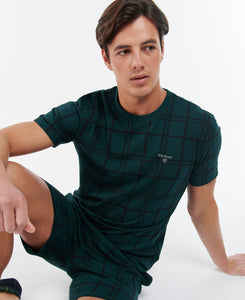 Model wearing Barbour Sid Tartan Lounge Set in Dark Green.
