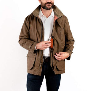 Model wearing Tom Beckbe Tensaw jacket in tobacco.