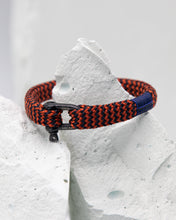 Load image into Gallery viewer, Pig &amp; Hen Sharp Simon bracelet in coral, red and navy with black buckle.

