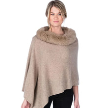 Load image into Gallery viewer, Model wearing Alashan - 100% Cashmere LUXE Windchill Fox Trim Topper in Latte.
