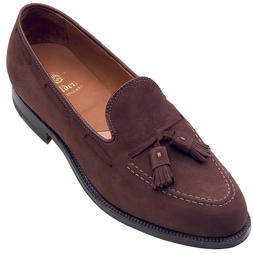 Alden 666 tassel loafer in mocha kid suede.
