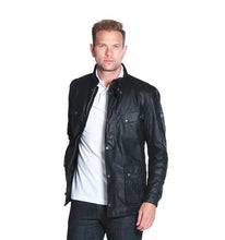 Load image into Gallery viewer, Model wearing Barbour Intl Duke Wax Jacket in Black.
