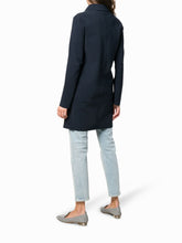 Load image into Gallery viewer, Model wearing Herno Women&#39;s Act First Scuba Snap Front Jacket in Blu Navy - back.
