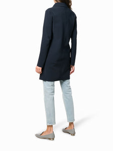 Model wearing Herno Women's Act First Scuba Snap Front Jacket in Blu Navy - back.