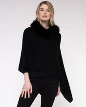 Load image into Gallery viewer, Model wearing Alashan - 100% Cashmere LUXE Windchill Fox Trim Topper in Ebony.
