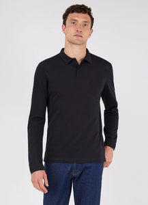 Model wearing Sunspel - Cotton Riviera LS Polo Shirt in Black.