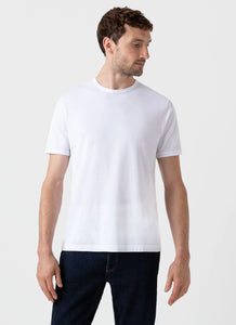 Model wearing Sunspel - Classic Crew Neck T-Shirt in White.