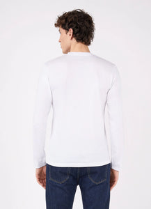 Model wearing Sunspel - Riviera LS Crew Neck Supima Cotton T-shirt in White - back.