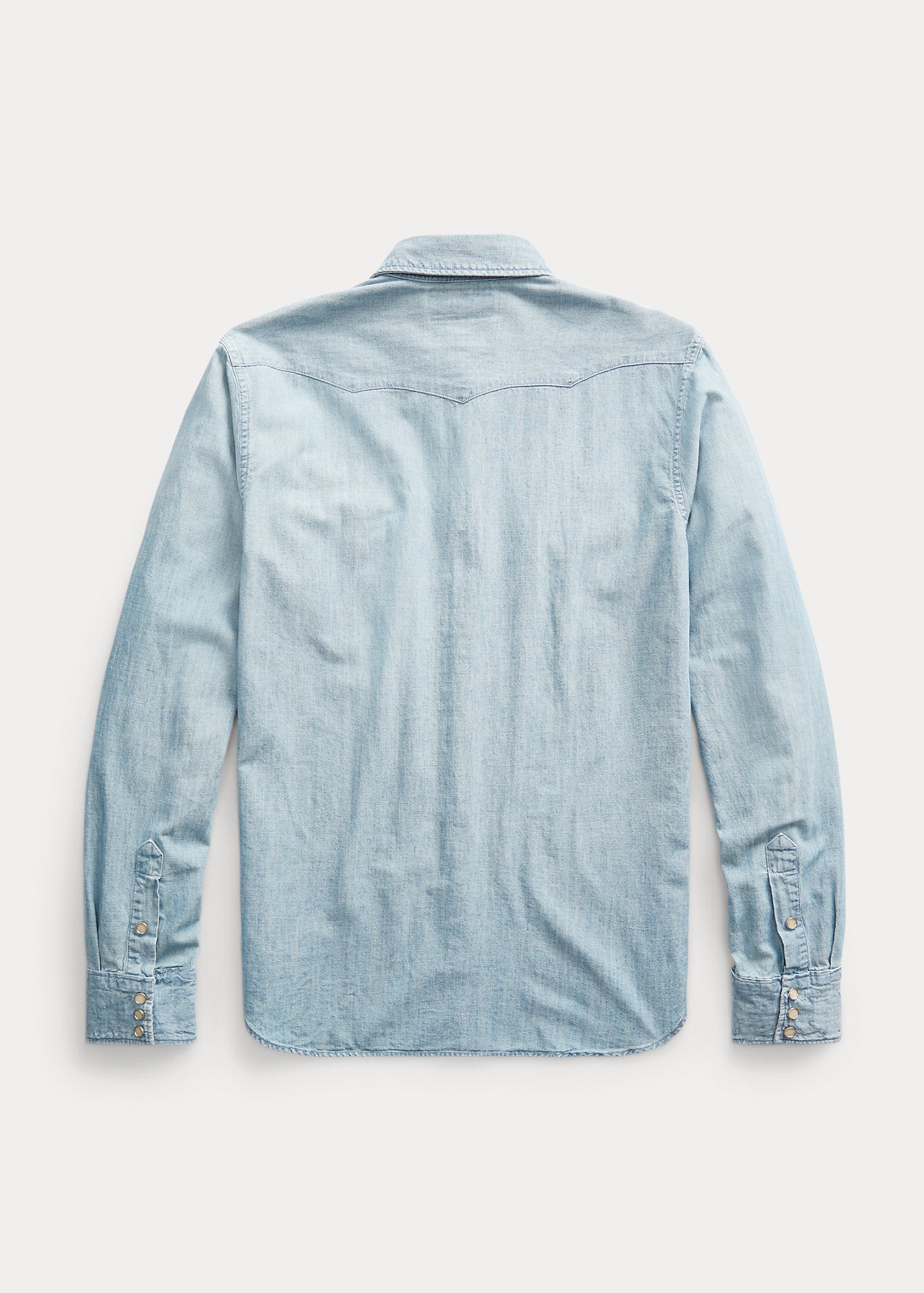 Back of RRL slim fit chambray western shirt in Davey Wash.