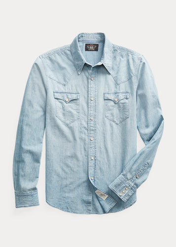 RRL slim fit chambray western shirt in Davey Wash.