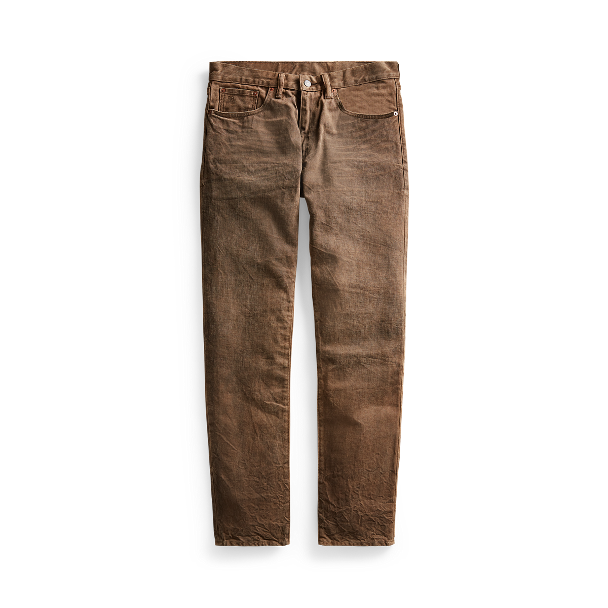 RRL - Slim Fit Jean w/ Zip Fly in Distressed Brown Wash.