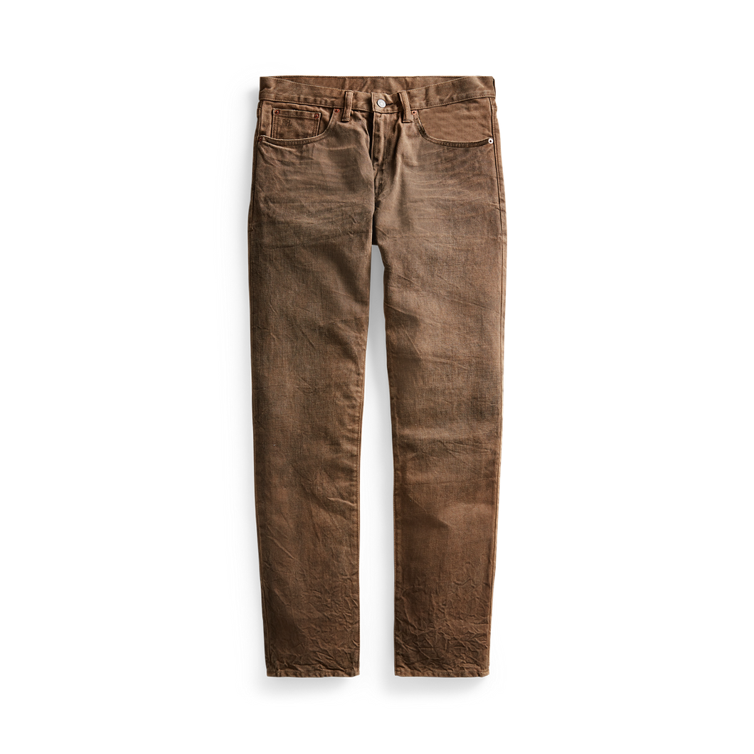 RRL - Slim Fit Jean w/ Zip Fly in Distressed Brown Wash.