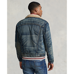 Model wearing Polo Ralph Lauren Denim Sherpa Trucker Jacket in Earlton - back.