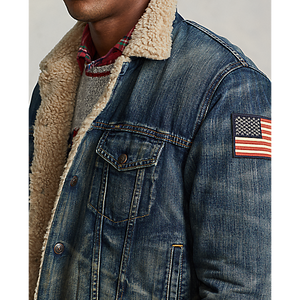 Model wearing Polo Ralph Lauren Denim Sherpa Trucker Jacket in Earlton.