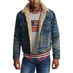 Model wearing Polo Ralph Lauren Denim Sherpa Trucker Jacket in Earlton.