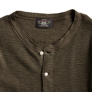 RRL - Long Sleeve Textured Cotton Waffle Knit Henley in Dark Green
