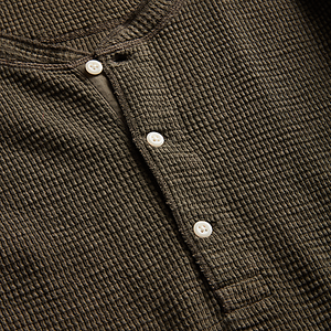 RRL - Long Sleeve Textured Cotton Waffle Knit Henley in Dark Green