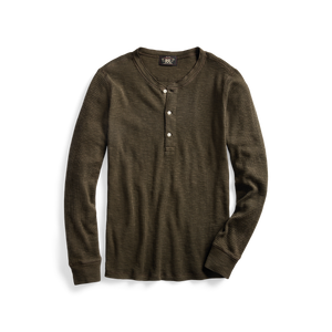 RRL - Long Sleeve Textured Cotton Waffle Knit Henley in Dark Green