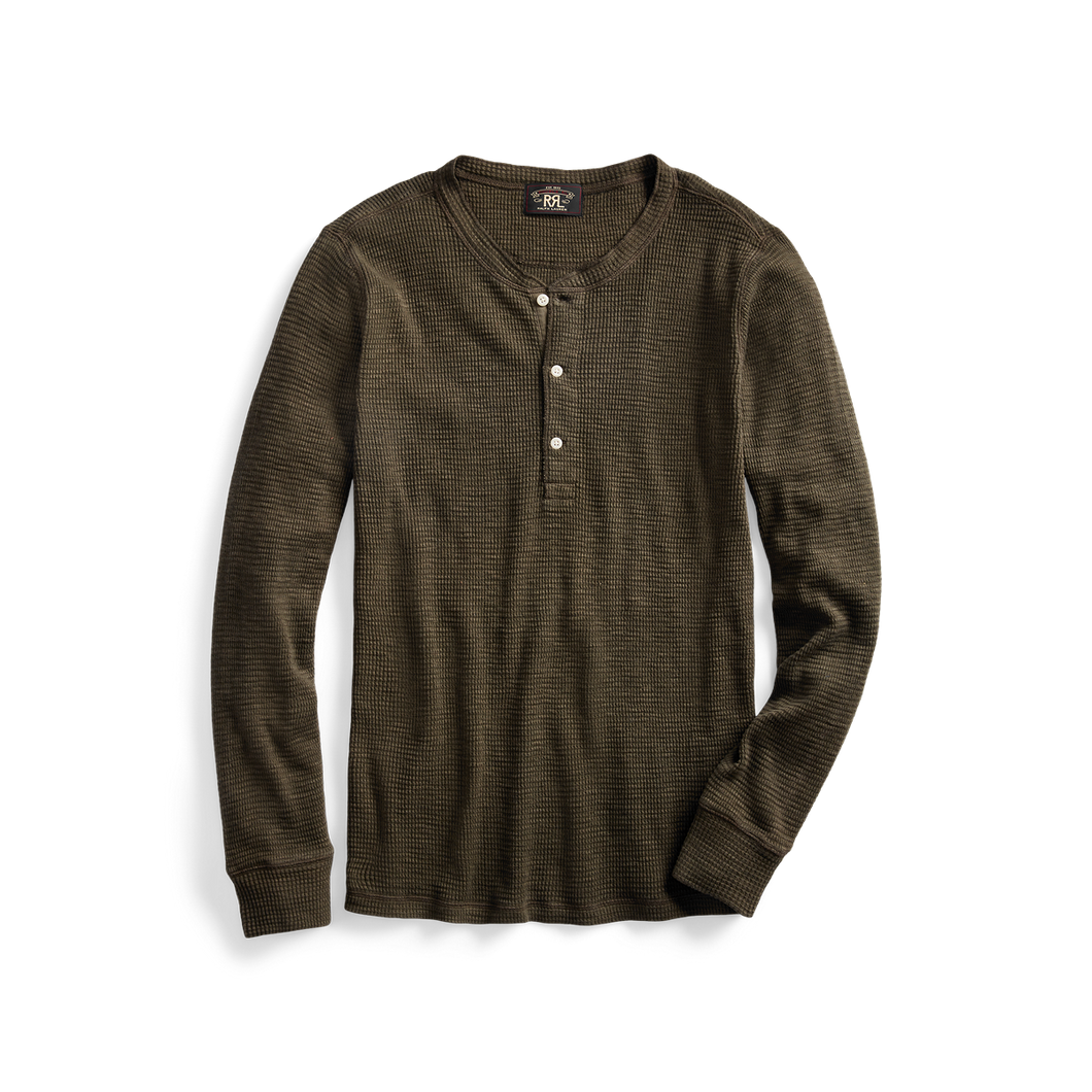 RRL - Long Sleeve Textured Cotton Waffle Knit Henley in Dark Green