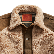 Load image into Gallery viewer, RRL - Denim Grizzly Trucker Jacket with Shearling Front &amp; Collar in Distressed Brown Wash.
