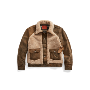 RRL - Denim Grizzly Trucker Jacket with Shearling Front & Collar in Distressed Brown Wash.