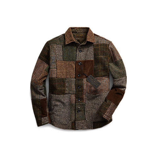 RRL - Long-Sleeve Wool Magee Tweed Patchwork Townsend Overshirt w/ Quilted Lining in Tan/Multi.