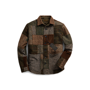 RRL - Long-Sleeve Wool Magee Tweed Patchwork Townsend Overshirt w/ Quilted Lining in Tan/Multi.