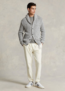 Model wearing POLO Ralph Lauren - Cashmere Shawl-Collar Cardigan in Grey Multi.