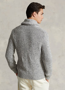 Model wearing POLO Ralph Lauren - Cashmere Shawl-Collar Cardigan in Grey Multi - back.