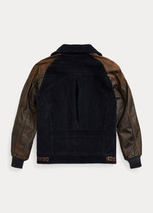 RRL - Appliqued RRL Logo Corduroy Leather-Sleeve Varsity Jacket in Black/Deep Navy - back.