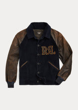 Load image into Gallery viewer, RRL - Appliqued RRL Logo Corduroy Leather-Sleeve Varsity Jacket in Black/Deep Navy.
