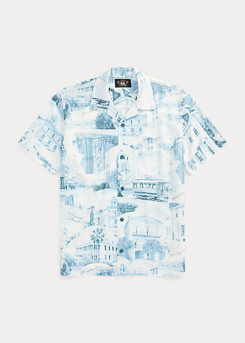 RRL - Postcard-Printed Linen-Cotton S/S Camp Shirt in Cream/Blue.